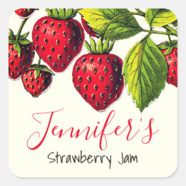Persoonlijke vintage aardbeienjam inmaakpot vierkante sticker