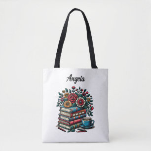 Persoonlijke vintage boeken, koffie en bloemen draagtas