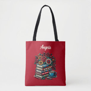 Persoonlijke vintage boeken, koffie en bloemen draagtas
