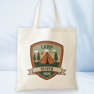 Persoonlijke vintage-campingbadge tote bag