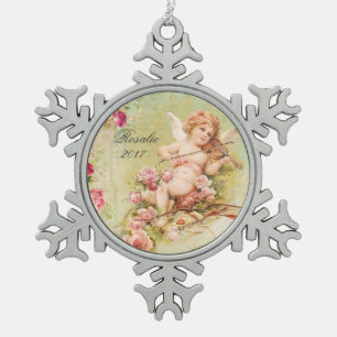 Persoonlijke Vintage Floral Angel die Violin speel Tin Sneeuwvlok Ornament
