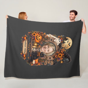 Persoonlijke vintage Halloween-foto naam Zwart Ca Fleece Deken