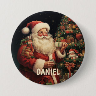 Persoonlijke Vintage Kerstman Naam Ronde Button 7,6 Cm