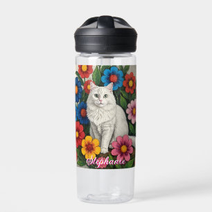 Persoonlijke volkskunst kat en bloemen waterfles