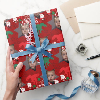 Persoonlijke vrolijk kerstfeest foto T-Rex Cadeaupapier