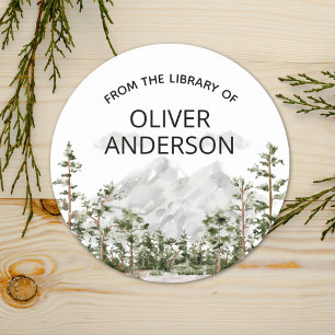 Persoonlijke waterverf berg bos ex-libris ronde sticker