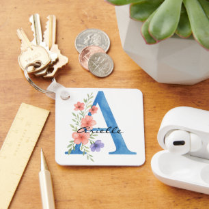 Persoonlijke waterverf bloemletter A monogram Sleutelhanger