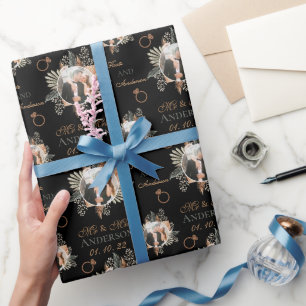 Persoonlijke Waterverf Floral Bride & Groom Black Cadeaupapier