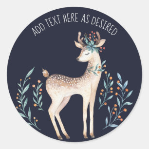 Persoonlijke Waterverf Herten BLAUWE Bloemen Winte Ronde Sticker