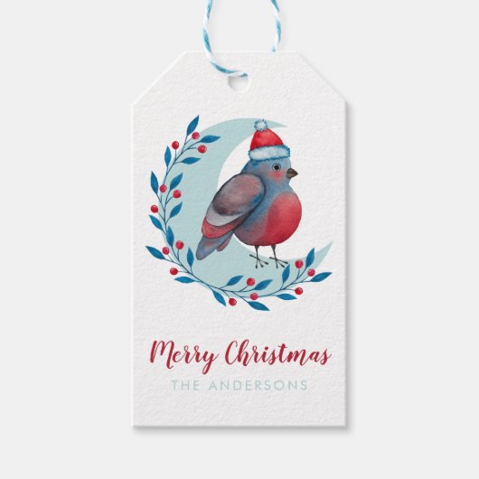 Persoonlijke Waterverf kerstvogel op maan Cadeaulabel (Voorkant)