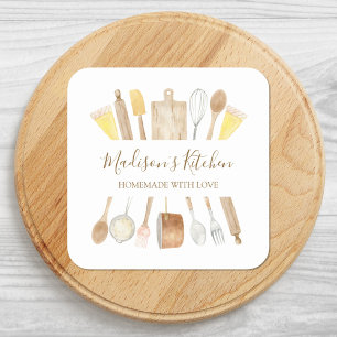 Persoonlijke waterverf keuken kookgerei vierkante sticker