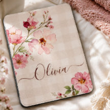 Persoonlijke waterverf roze bloemen beige geruit