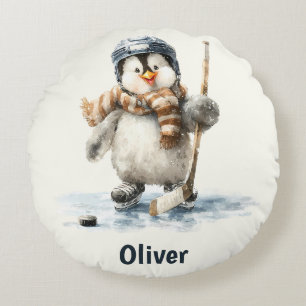 Persoonlijke Winter Pinguïn Hockey Kind Rond Kussen