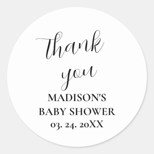 Persoonlijke witte babyshower bedankkaart ronde sticker (Voorkant)