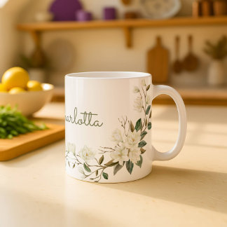 Persoonlijke witte bloemenmok, elegante aangepaste koffiemok