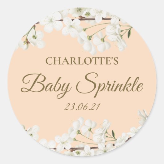 Persoonlijke witte bloesem baby sprinkle ronde sticker (Voorkant)