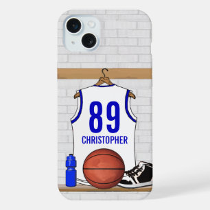 Persoonlijke Witte en Blauwe Basketball Jersey iPhone 15 Plus Case
