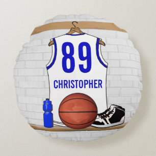 Persoonlijke Witte en Blauwe Basketball Jersey Rond Kussen
