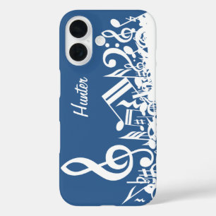 Persoonlijke witte joumloge muzieknotities op blau iPhone 16 hoesje