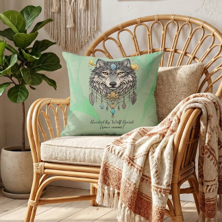 Persoonlijke Wolf Geest Salie Groene Boho Kussen
