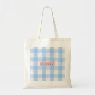 Persoonlijke zachte pastel lichtblauwe geruite sto tote bag