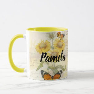 Persoonlijke zonnebloemen en vlinder mok
