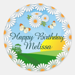 Persoonlijke zonsopgang met Daisy Border Birthday  Ronde Sticker