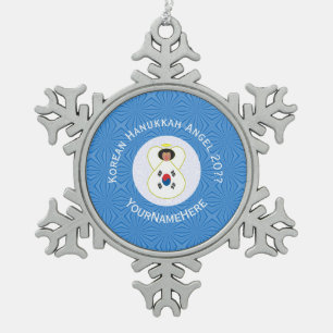 Persoonlijke Zuid-Koreaanse engel Hanukkah-vlag Tin Sneeuwvlok Ornament