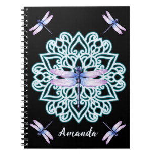 Persoonlijke Zwarte Fantasievolle Libelle Mandala  Notitieboek