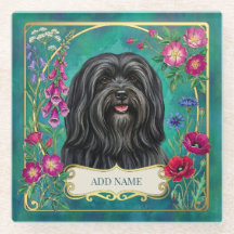 Persoonlijke zwarte Lhasa Apso bloemenglas coaster