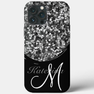 Persoonlijke zwarte zilver Glitter Sparkle Name iPhone 13 Pro Max Hoesje