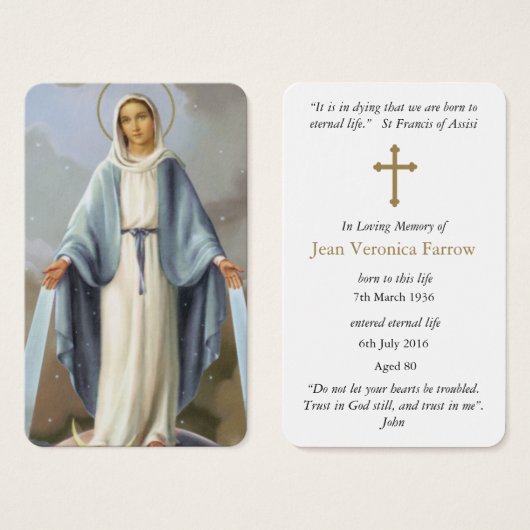 Perte funéraire Sainte Vierge Prière Cartes de Sym (Devant & derrière)
