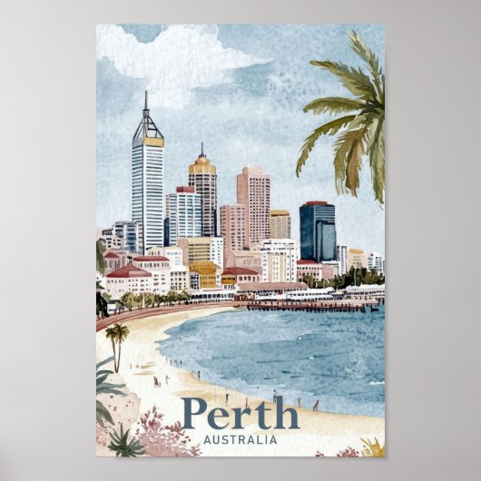 Perth Australië Waterverf Schilderij Reizen Poster (Voorkant)