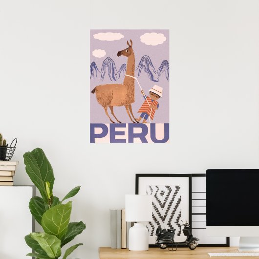 Peru, een jongen met groot lama, oud reizen poster (Thuiskantoor)
