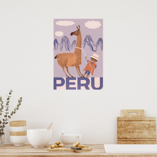 Peru, een jongen met groot lama, oud reizen poster (Keuken)