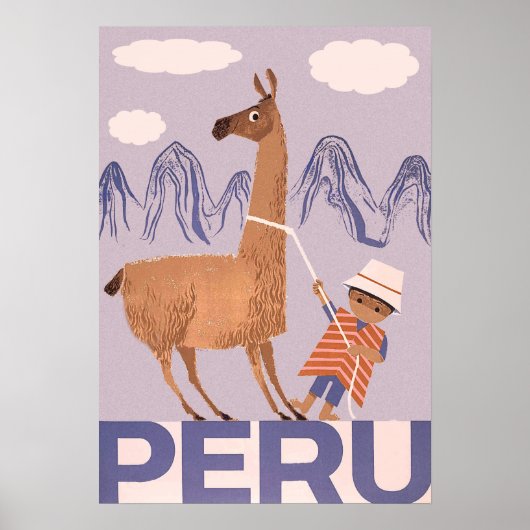 Peru, een jongen met groot lama, oud reizen poster (Voorkant)