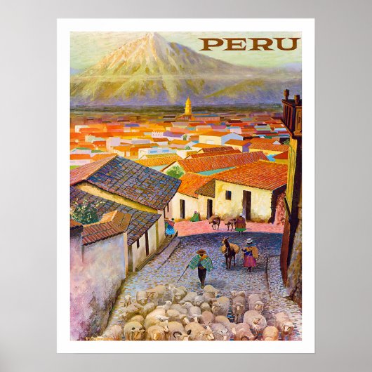 Peru, stadsdaken onder de berg, poster (Voorkant)