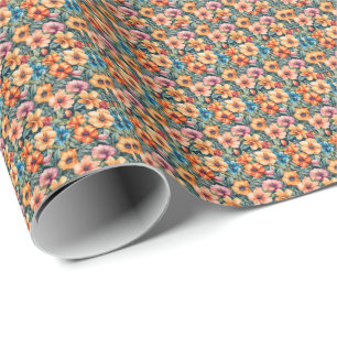 Perzik Abrikoos en Mauve Bloemen Cadeaupapier