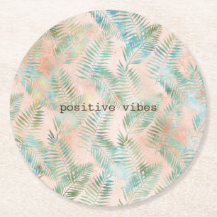 Perzik Aqua Groen Tropisch Blad Ronde Kartonnen Onderzetter