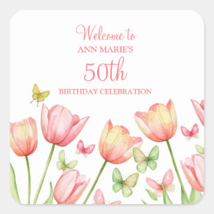 Perzik Aquarel Tulpen Bloemen Vierkante Sticker