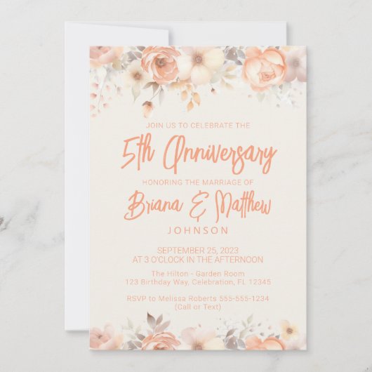 Perzik Beige Ivoor Bloemen 5e bruiloft Jubileum Kaart (Voorkant)