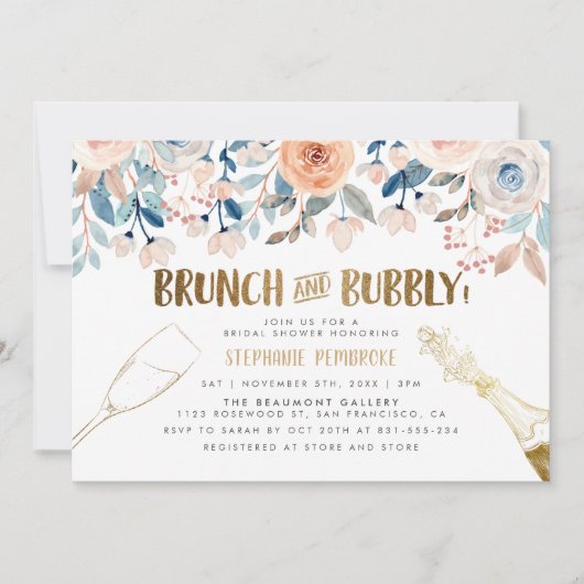 Perzik & Blauwe Bloemen Golden Bridal Brunch & Bub Kaart (Voorkant)