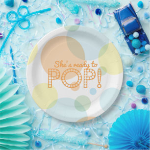 Perzik Blauwe Sinaasappel Bubbles Staan Op Springe Papieren Bordje