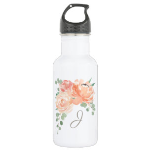 Perzik bloemboeket met elk monogram waterfles 