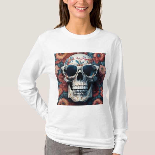 Perzik Bloemen 3D Dode schedel dragen zonnebril T-shirt (Voorkant)