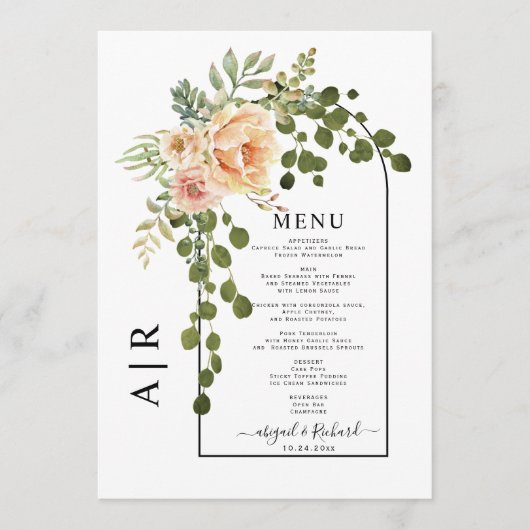 Perzik bloemen, boog en monogram herfst bruiloft menu (Voorkant)