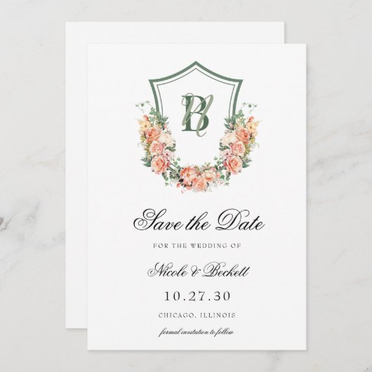 Perzik Bloemen Crest Bruiloft Save The Date (Voorkant / Achterkant)