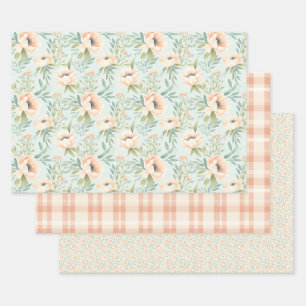 Perzik Bloemen geruit inpakpapier Vel