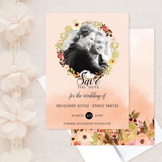 Perzik Bloemen Krans Foto bruiloft Save The Date