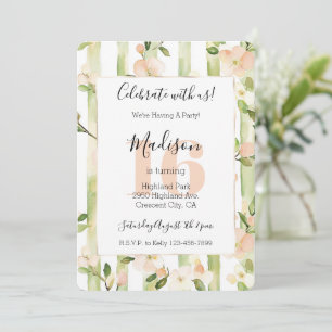 Perzik Bloemen Mintgroene Strepen 16e Verjaardag Kaart
